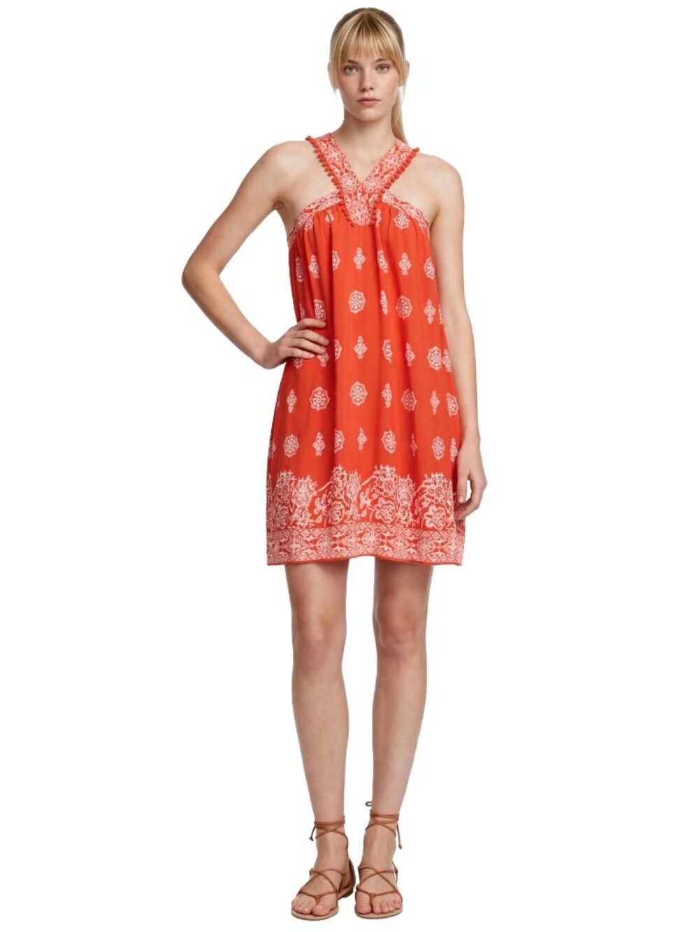 Ann Taylor LOFT Rayon Boho Dress Pom Pom Swing Shift Mini Sundress Ethnic Print